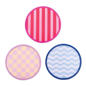 Three round fans pictured each printed with a different pattern and colour.