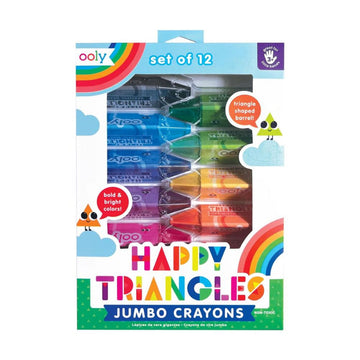 A set of twelve coloured triangular shaped crayons in a packet with the heading 'Happy Triangles Jumbo Crayons'.