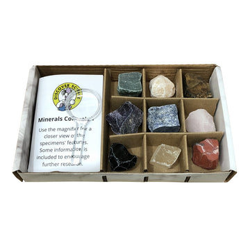 A rectangle box with a marble background and an image of the nine mineral rocks inside and the title 'Minerals Collection'.