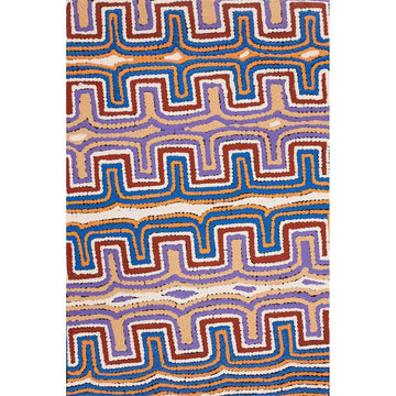 A rectangle shaped painting featuring dots making a square arch repeating pattern in red, purple and blue.