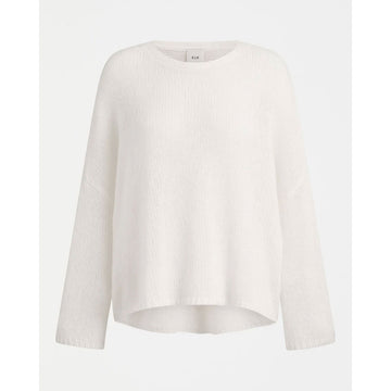 White long-sleeve sweater on a light gray background.