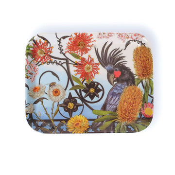 Decorative tray with a bird and floral design on a white background.