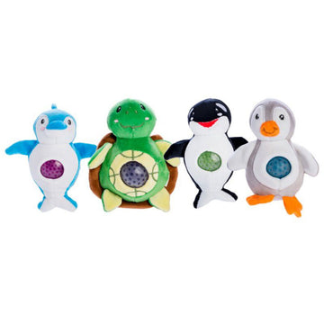A collection of four soft toys in the shape of adolphin, turtle, whale and penguin. Each toy has jellies inside their bellies.