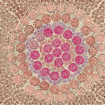 A square painting made up of coloured circles in pink and orange  with brown dots surrounding them.