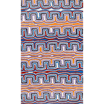 A rectangle painting featuring a repeating square arch design in shades of blue with orange and burgundy lines between them.