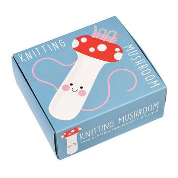 A blue box with an image of a white and red mushroom knitting tool on the front.