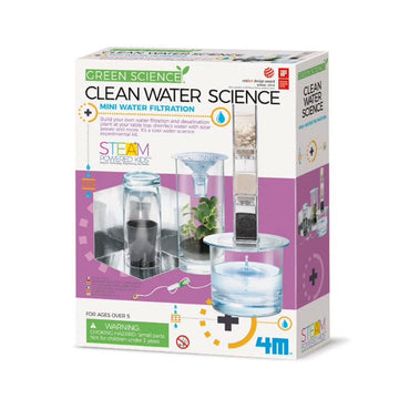 Box of Clean Water Science kit with water filtration system illustration on a white background.