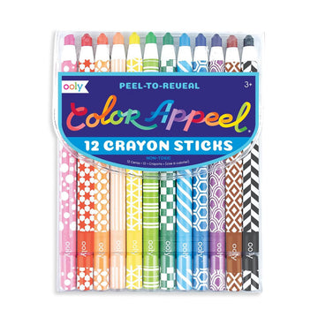 A packet of crayons wrapped up in patterned coloured paper. The heading 'Color Appeel 12 Crayon Sticks' is on the front.