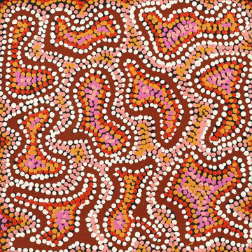 A square painting made up using dots in white, red and yellow to form various shapes.