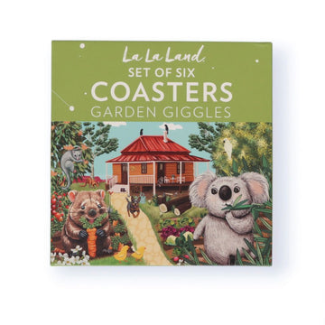 Packaging of La La Land set of six coasters titled 'Garden Giggles' with illustrations of a koala, wombat, and garden scene.