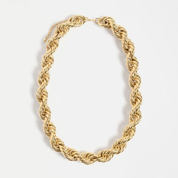Gold chain necklace on a white background.