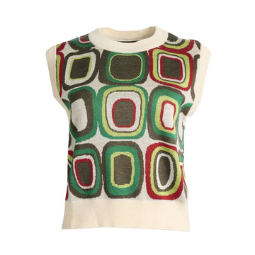 A knitted vest printed with a retro square pattern in red and green.