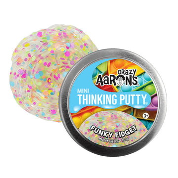 A silver tin with the heading 'Crazy Aarons Mini Thinking Putty Funky Fidget' with colourful putty behind.