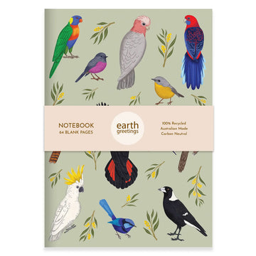 Notebook with colorful bird illustrations on a light green background.