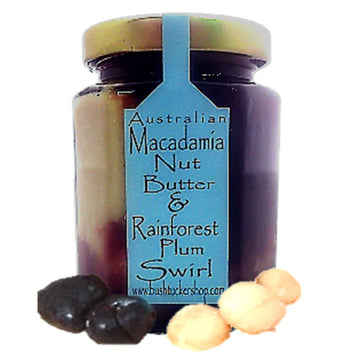 Jar of Australian Macadamia Nut Butter & Rainforest Plum Swirl with a blue label on a white background.