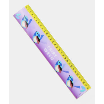 A ruler with moving images of fairy wrens against a purple background.