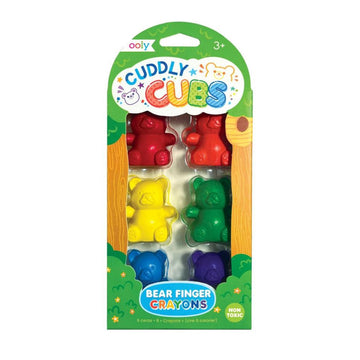 Six different coloured bear shaped crayons inside packaging titled 'Cuddly Cubs Bear Finger Crayons'.