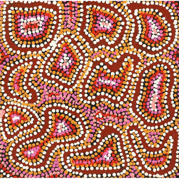 A square painting made up of dots in shades of red and brown in the different shapes.