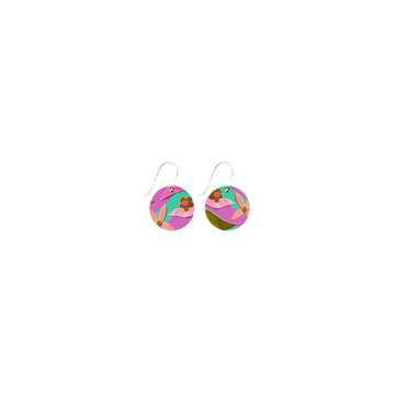 A pair of drop earrings with circles printed with floral artwork.