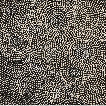 A square painting made up of white dots forming circles on a black background.