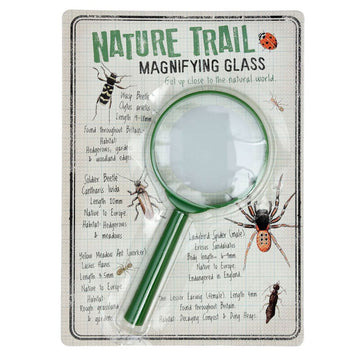 A picture of a magnifying glass with information and some beetles on the packaging.
