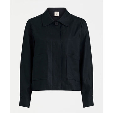A women's cotton jacket in a dark navy blue with hidden buttons.