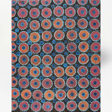 A painting by Drusilla Nangala Spencer featuuring orange and brown circles in a grid pattern.