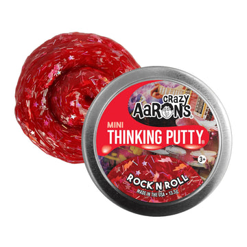 A silver tin with the heading 'Crazy Aarons Mini Thinking Putty Rock n Roll' with red putty behind.
