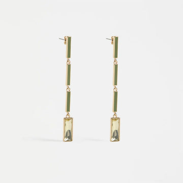 Pair of green earrings on a white background.
