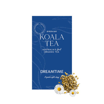 A blue box with white writing and some loose leaf tea and flowers in the bottom corner.