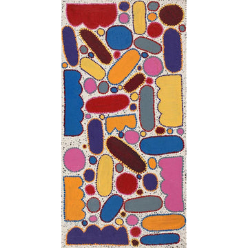 A rectangle painting featuring colourful abstract shapes on a beige background.