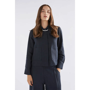 A women's cotton jacket in a dark navy blue with hidden buttons.