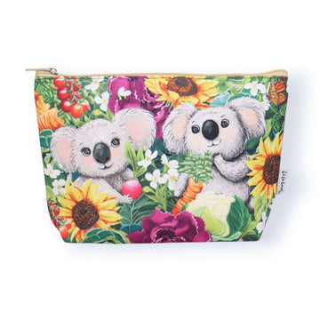 Pouch with koala design and floral patterns on a white background.
