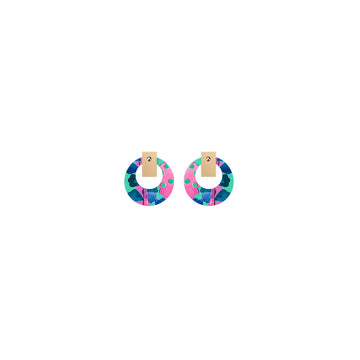 A pair of stud earrings shaped like a circle outline printed with colourful artwork by Laura Blythman with a small gold bar at the top.
