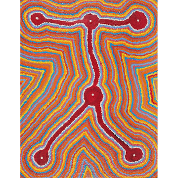 A painting by Gregory Jupurrurla Gill featuring red circles connected with lines and outlined in orange and blue.