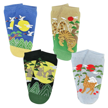 Set of four socks with animal-themed designs on a white background.