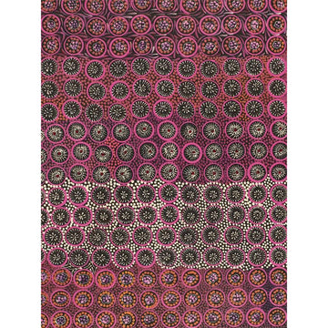 A rectangle painting featuring black and white repeating motifs on a burgundy background.