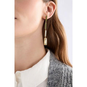 Rose gold earrings with pink gemstones on a light gray background.