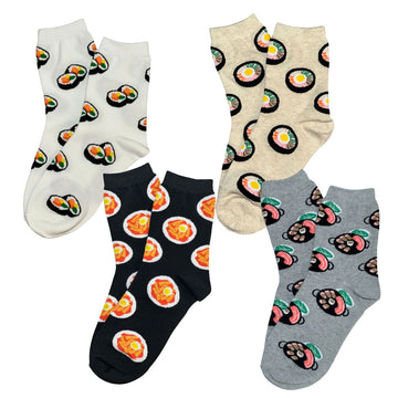 Four pairs of socks with sushi design patterns on a white background.