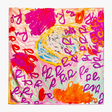 A square silk scarf illustrated with artwork by Rosie Tarku in shades of pink and yellow.