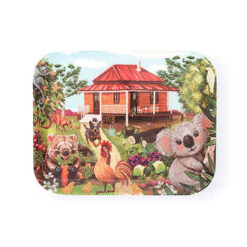 Decorative tray with Australian animals and a house design on a white background.