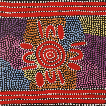 A square painting with red stripes at the top and bottom with red circles and arches in the middle over a coloured background.