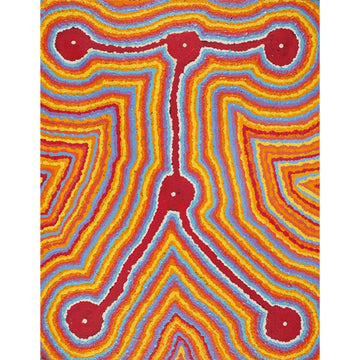 A painting by Gregory Jupurrurla Gill featuring red circles connected with lines and outlined in blue and orange.