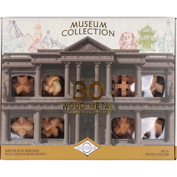 Front of a box titled 'Museum Collection 30 Wood Metal' with a photo of an ancient building with columns with cut outs showing the wooden puzzles inside.