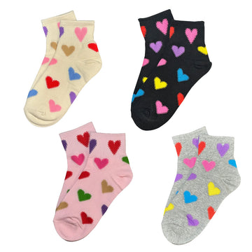Four pairs of different coloured socks illustrated with coloured hearts.