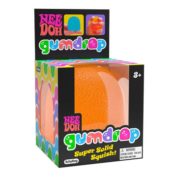 A cube box with a clear front showing the gumdrop shaped squish toy inside. The box is titled 'Gumdrop Super Solid Squish'.