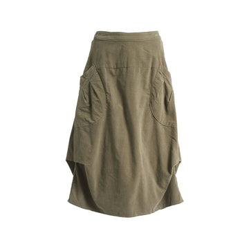 An olive skirt made from fine cord with side pockets and side tucks.
