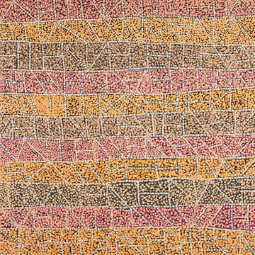 A square painting featuring a striped design made up of red, brown and orange shapes.