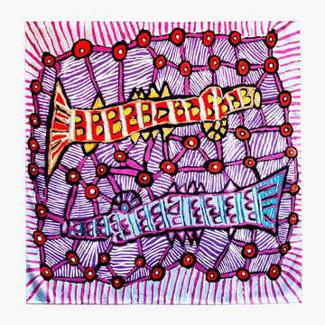 A square silk scarf printed with artwork by Annette Lormada of two fish in purple and yellow.