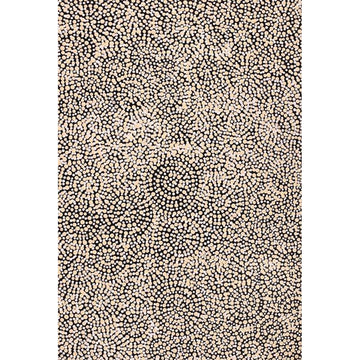 A painting by Patricia Nakamarra Oldfield featuring black dots in the shape of circles on a light brown background.
